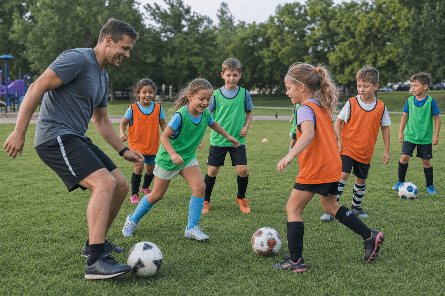Kids having fun at Trail Creek Park during ActionSticks soccer camp
